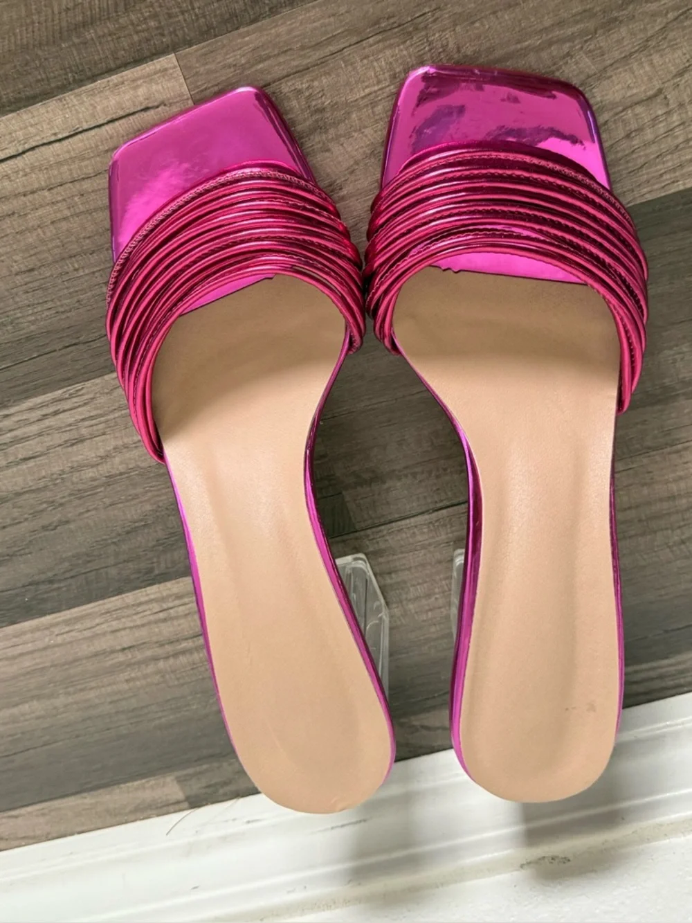 SHEIN Metallic Hot Pink Ruched Square-Toe Slide Mules - Picture 1 of 11